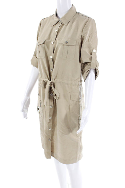 Calvin Klein Womens Belted Button Down Short Sleeves Dress Beige Size 8