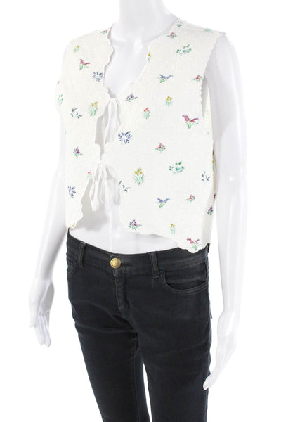 Maeve Anthropologie Womens Tie Front Floral Vest Blouse White Size L/XL