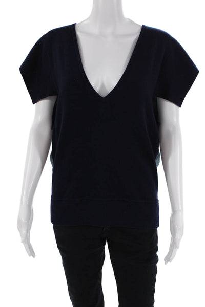 Derek Lam Women's Short Sleeves V-Neck Pullover Sweater Navy Blue Size S