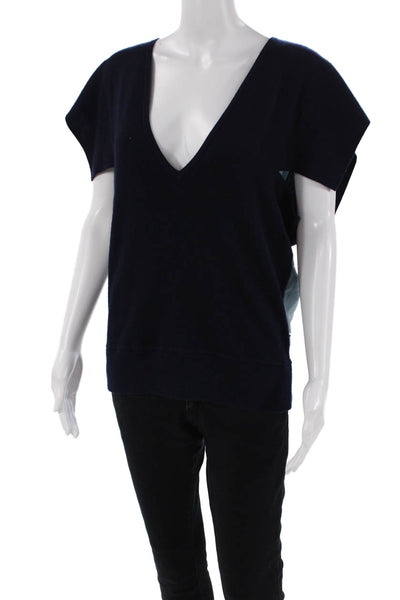 Derek Lam Women's Short Sleeves V-Neck Pullover Sweater Navy Blue Size S