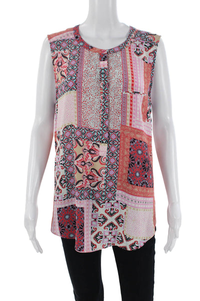 NYDJ Womens Silk Round Neck Sleeveless Pattern Tank Blouse Pink Size M