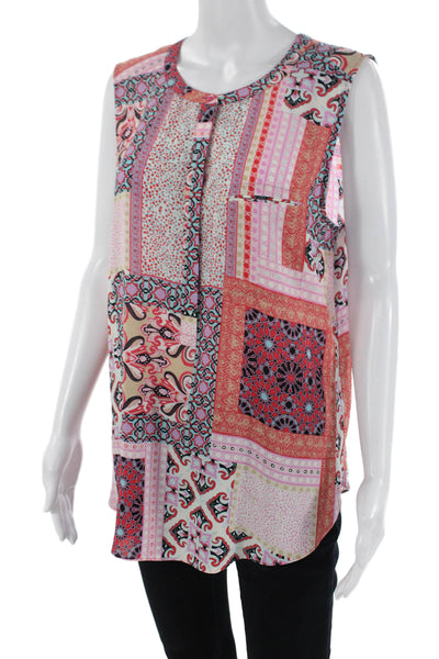 NYDJ Womens Silk Round Neck Sleeveless Pattern Tank Blouse Pink Size M