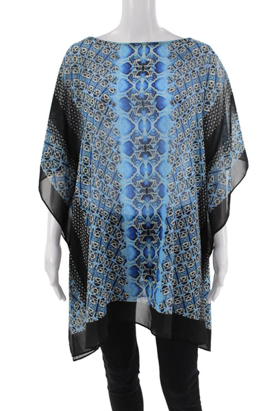 Carmen Marc Valvo Womens Textured Short Sleeve Pattern Top Blue Size L