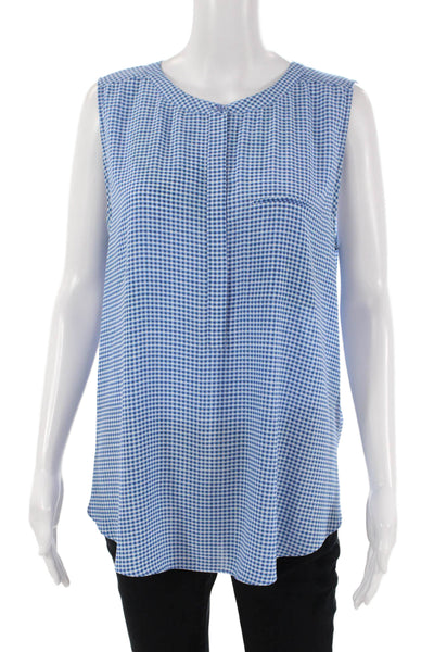 NYDJ Womens Round Neck Sleeveless Gingham Tank Blouse Blue Size L
