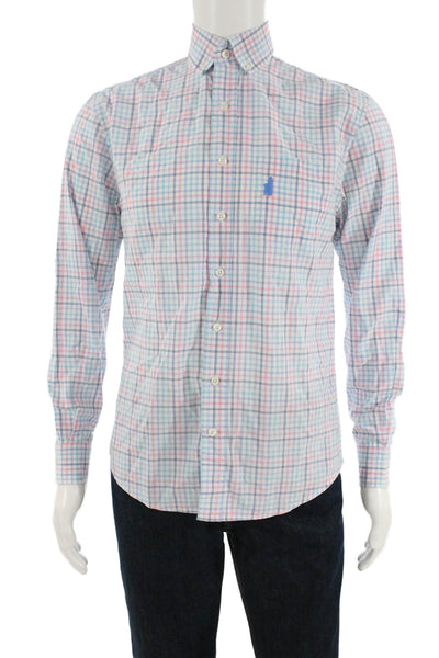 Johnnie-o Mens Cotton Collared Geometric Print Button Down Shirt Blue Size S