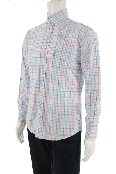 Johnnie-o Mens Cotton Collared Geometric Print Button Down Shirt Blue Size S