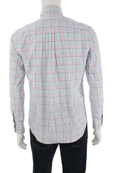Johnnie-o Mens Cotton Collared Geometric Print Button Down Shirt Blue Size S