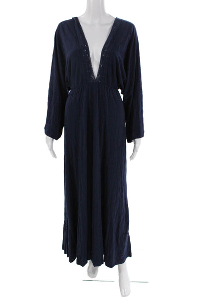FP Beach Womens Long Sleeve Lace Trim V Neck Midi Dress Navy Cotton Size XS