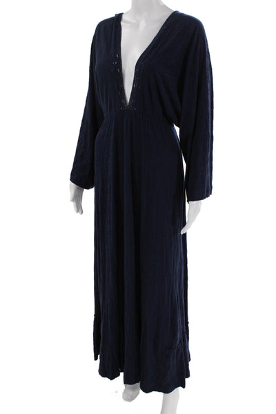 FP Beach Womens Long Sleeve Lace Trim V Neck Midi Dress Navy Cotton Size XS