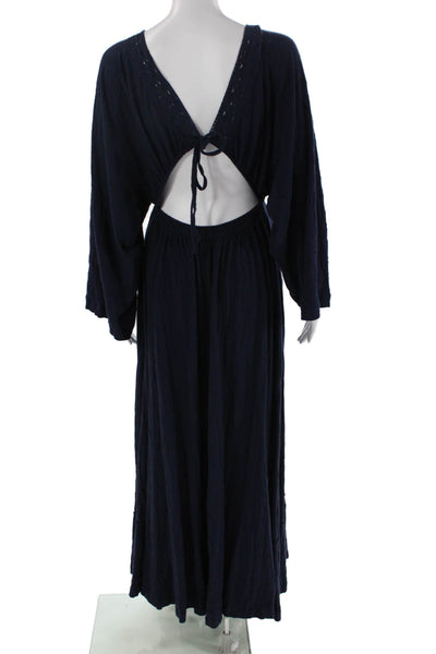 FP Beach Womens Long Sleeve Lace Trim V Neck Midi Dress Navy Cotton Size XS