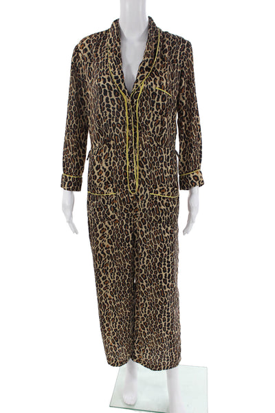 Le Superbe Womens Long Sleeve V Neck Satin Leopard Print Jumpsuit Brown Size 4