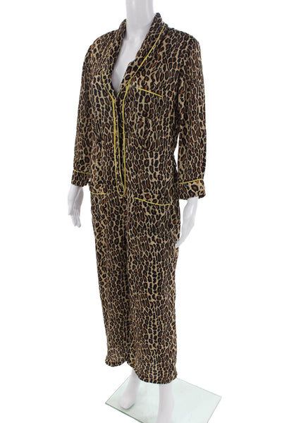 Le Superbe Womens Long Sleeve V Neck Satin Leopard Print Jumpsuit Brown Size 4