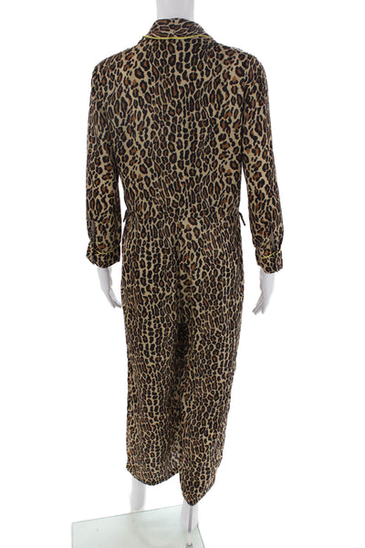 Le Superbe Womens Long Sleeve V Neck Satin Leopard Print Jumpsuit Brown Size 4