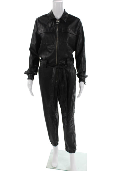 Pinko Womens Front Zip Long Sleeve Collared Faux Leather Jumpsuit Black Size 4