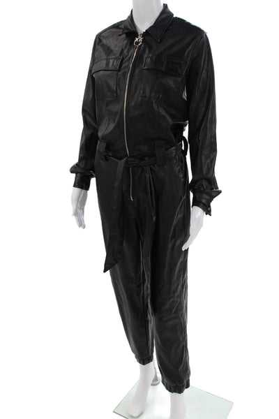 Pinko Womens Front Zip Long Sleeve Collared Faux Leather Jumpsuit Black Size 4