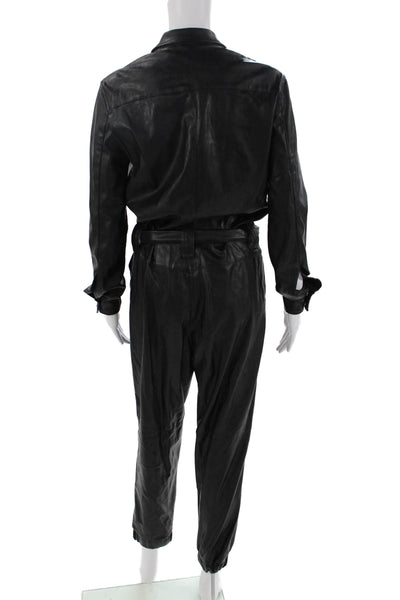 Pinko Womens Front Zip Long Sleeve Collared Faux Leather Jumpsuit Black Size 4