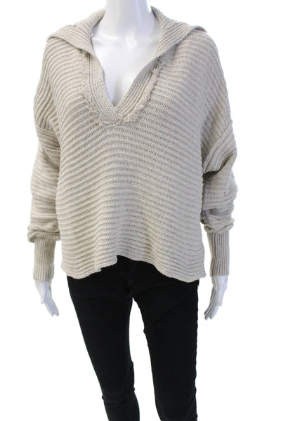 Free People Women's Collared Long Sleeves Ribbed Sweater Beige Size XS