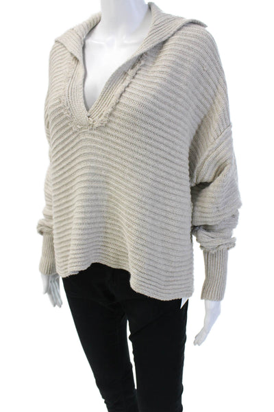 Free People Women's Collared Long Sleeves Ribbed Sweater Beige Size XS