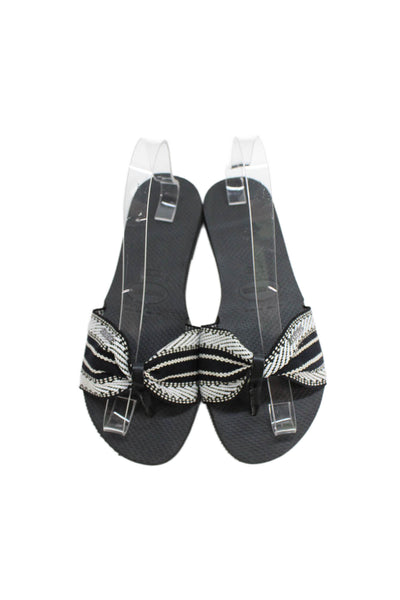 Havaianas Womens Woven Bow Thong Slide On Sandals Black White Size 7