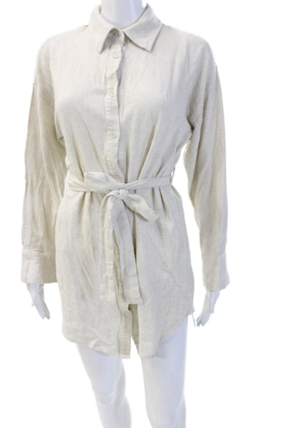 12th Tribe Womens Linen Button Down Belted Shirt Dress White Size Small