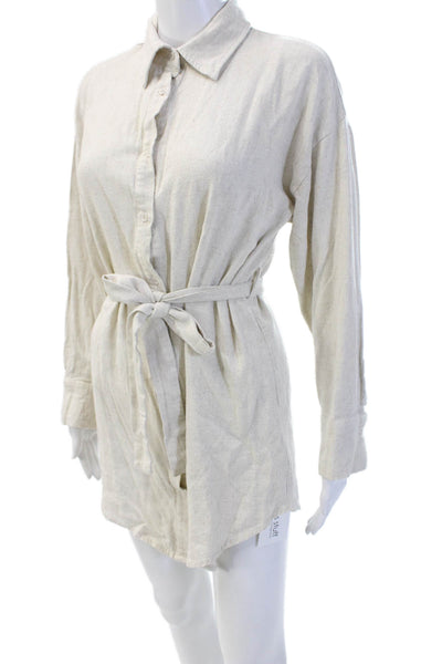 12th Tribe Womens Linen Button Down Belted Shirt Dress White Size Small