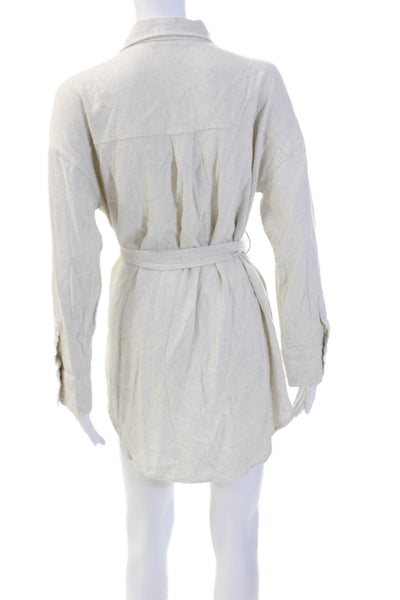 12th Tribe Womens Linen Button Down Belted Shirt Dress White Size Small
