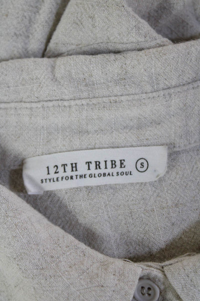 12th Tribe Womens Linen Button Down Belted Shirt Dress White Size Small