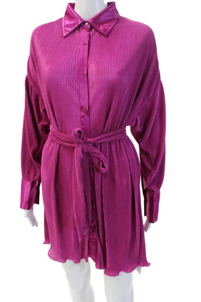 12th Tribe Womens Long Sleeves Button Down Belted Shirt Dress Pink Size Small