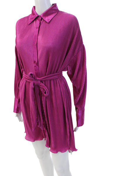 12th Tribe Womens Long Sleeves Button Down Belted Shirt Dress Pink Size Small