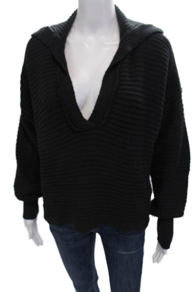 Free People Women's Long Sleeves Collared Ribbed Pullover Sweater Black Size XS