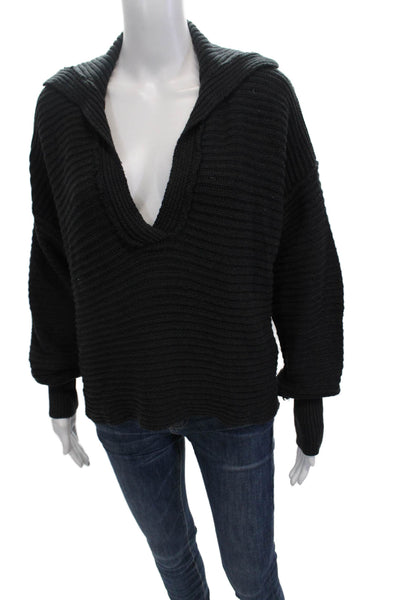 Free People Women's Long Sleeves Collared Ribbed Pullover Sweater Black Size XS