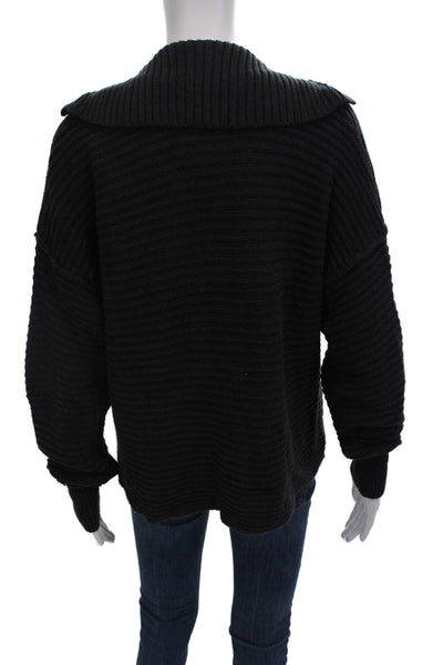 Free People Women's Long Sleeves Collared Ribbed Pullover Sweater Black Size XS