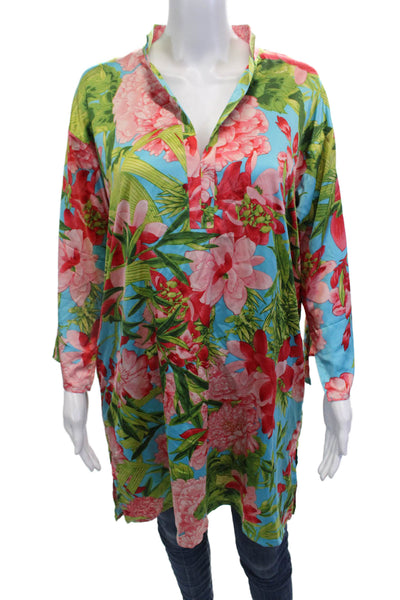 Natori Womens Textured Long Sleeve Floral Printed Blouse Green Size S