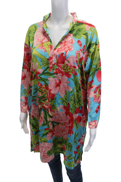 Natori Womens Textured Long Sleeve Floral Printed Blouse Green Size S