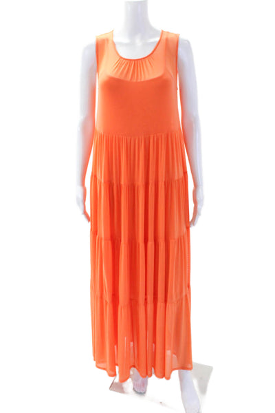 Staud Womens Sheer Sleeveless Round Neck Tiered Midi Dress Orange Size XS