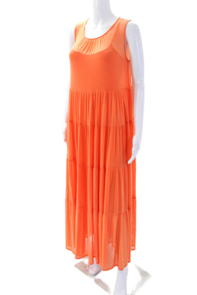 Staud Womens Sheer Sleeveless Round Neck Tiered Midi Dress Orange Size XS