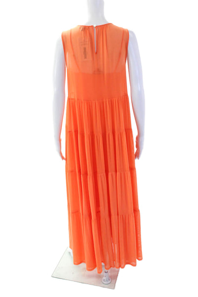 Staud Womens Sheer Sleeveless Round Neck Tiered Midi Dress Orange Size XS