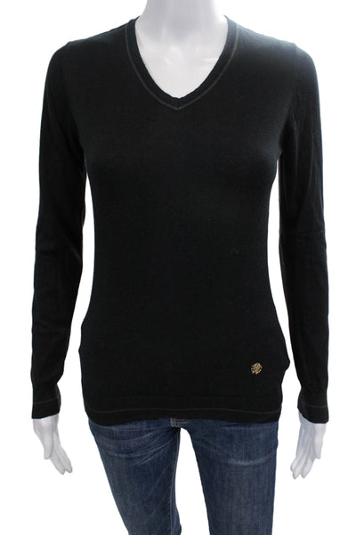 Roberto Cavalli Womens Cotton Knit V-Neck Pullover Sweater Top Black Size M