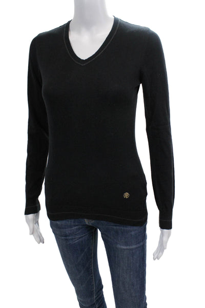 Roberto Cavalli Womens Cotton Knit V-Neck Pullover Sweater Top Black Size M