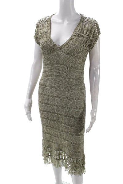 Jonathan Simkhai Womens Crocheted Sleeveless Fringe Detail Dress Green Size XS