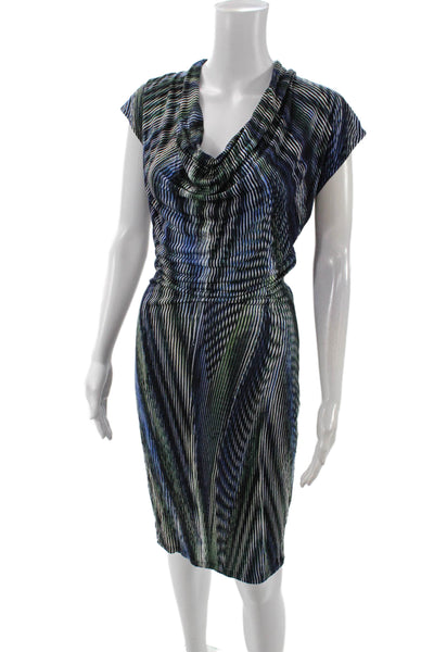 Halston Heritage Womens Sleeveless Cowl Neck Striped Dress Blue Size S