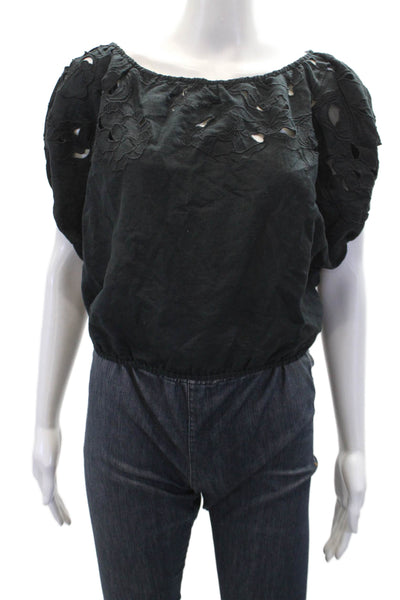 Unsubscribed Womens Short Sleeve Scoop Neck Blouse Top Black Size XS