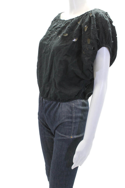 Unsubscribed Womens Short Sleeve Scoop Neck Blouse Top Black Size XS