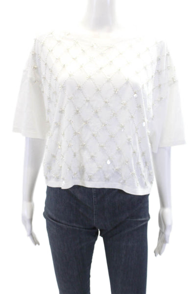 J Crew Womens Short Sleeve Sequin Beaded Crop Top White Size L