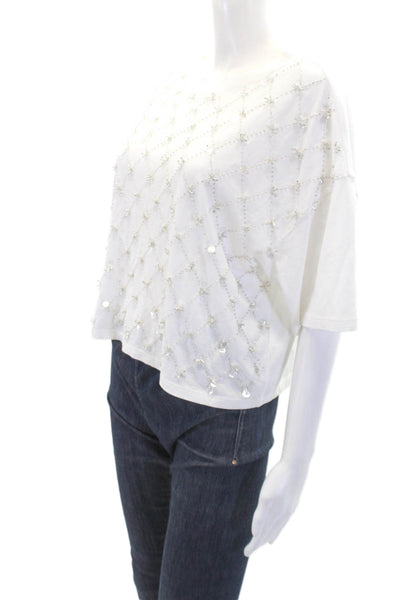 J Crew Womens Short Sleeve Sequin Beaded Crop Top White Size L