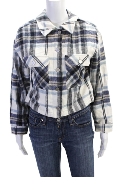 Zara Womens Cotton Plaid Cropped Button-Down Shirt White Size XS