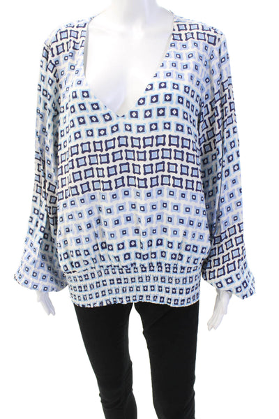 Sail To Sable Womens Square Pegs Print Blouse White Blue Size Extra Large