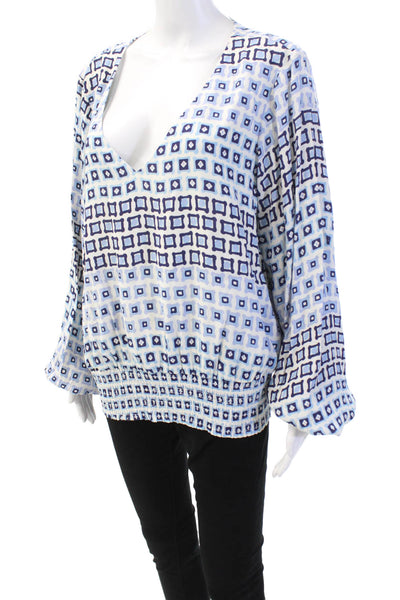 Sail To Sable Womens Square Pegs Print Blouse White Blue Size Extra Large