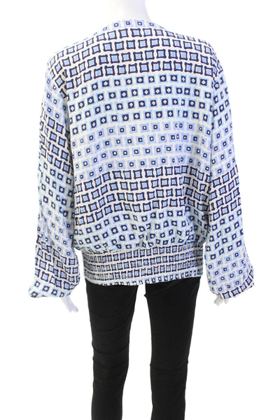 Sail To Sable Womens Square Pegs Print Blouse White Blue Size Extra Large