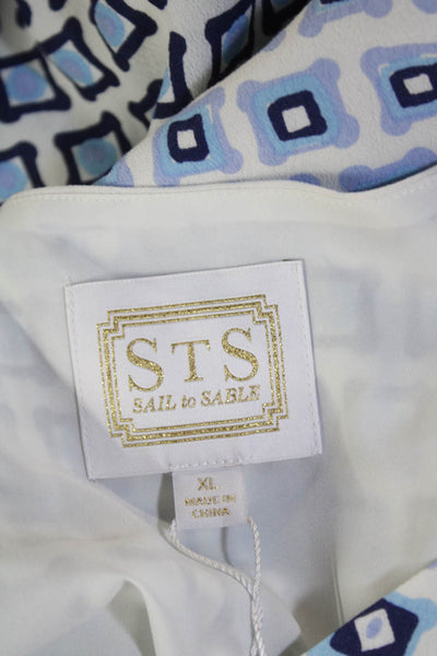 Sail To Sable Womens Square Pegs Print Blouse White Blue Size Extra Large